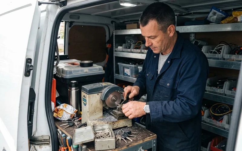 Car key blade being cut inside the locksmith's van