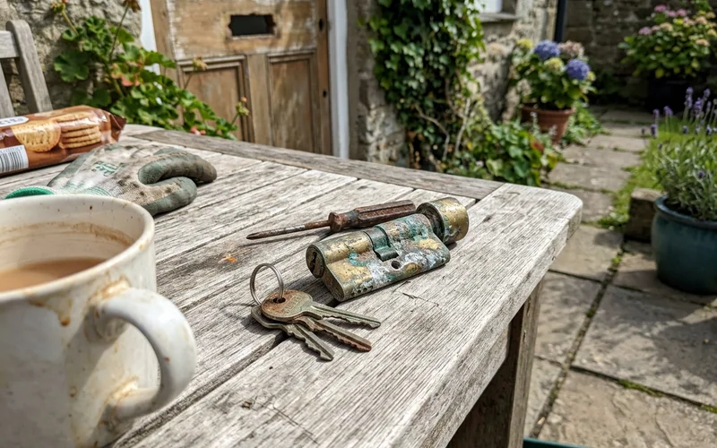 Seized and corroded cylinder from a coastal door