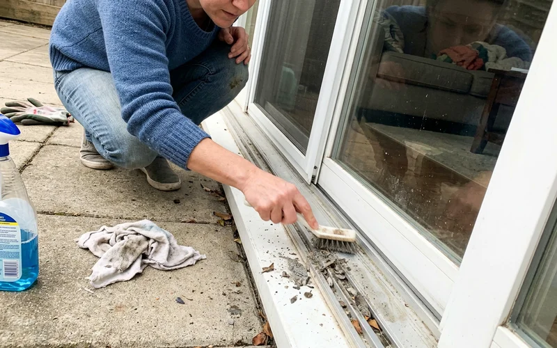 Debris being cleared from a patio door track