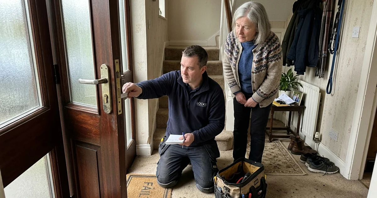Locksmith checking a front door cylinder during a free security check in Waterford