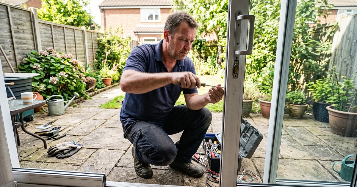 Locksmith repairing a sliding patio door lock in Waterford